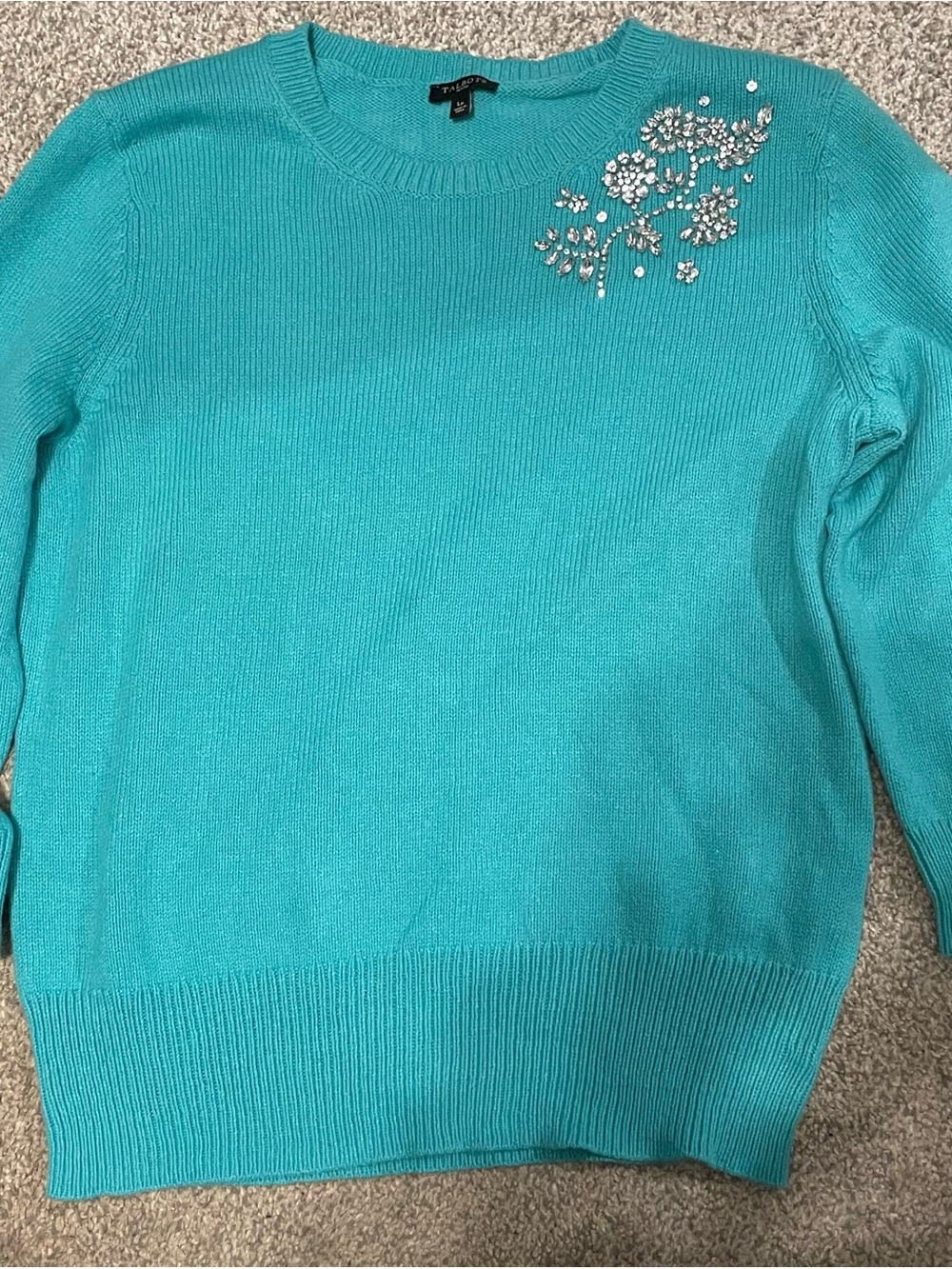 Talbots Beaded Corsage Sweater Turquoise Teal Blue - Petite Large PL